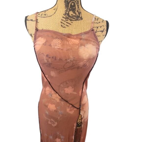 Small Urban Outfitters brown mesh floral maxi slip dress, very high thigh slit - Picture 3 of 5